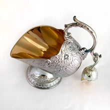 Load image into Gallery viewer, This vintage silver plated sugar scuttle and scoop set, embossed with roses, flowers, leaves and scroll details No 540. It&#39;s just a beautiful vessel for sugar cubes or bath salts. Produced by Leonard Manufacturing Ltd. in Japan.  In good vintage condition. In original box.  Measures approx. 6-1/4&quot; x 3.5&quot; x 6&quot;
