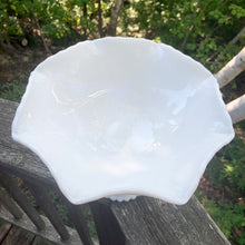 Load image into Gallery viewer, Beautifully detailed vintage milk glass pedestal fruit bowl with embossed grape and leaf pattern, shape #901. Perfect to use as a intended, as a catchall or interior decor. Produced by L.E. Smith Glass, produced between 1956 - 1968.  In excellent condition, free from chips/cracks/repairs.  Dimensions: 8-1/8&quot; x 10-13/4&quot;
