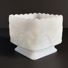 Load image into Gallery viewer, Vintage square white milk glass footed planter in their lovely &#39;Grape and Leaf&#39; pattern. Produced by the Westmoreland Glass Company, circa 1960s. Perfect for cottage, farmhouse, shabby chic or wedding decor.  In excellent condition, free from chips/cracks.  Measures 4 1/2 x 3 3/4 inches
