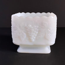 Load image into Gallery viewer, Vintage square white milk glass footed planter in their lovely &#39;Grape and Leaf&#39; pattern. Produced by the Westmoreland Glass Company, circa 1960s. Perfect for cottage, farmhouse, shabby chic or wedding decor.  In excellent condition, no chips or cracks.  Size: 4.5&quot; x3.75&quot;
