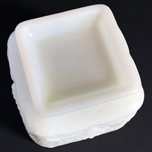 Load image into Gallery viewer, Vintage square white milk glass footed planter in their lovely &#39;Grape and Leaf&#39; pattern. Produced by the Westmoreland Glass Company, circa 1960s. Perfect for cottage, farmhouse, shabby chic or wedding decor.  In excellent condition, free from chips/cracks.  Measures 4 1/2 x 3 3/4 inches
