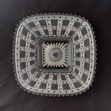 Load image into Gallery viewer, Vintage Clear Pressed Glass Square Plate Starburst Centre Perspective Grid Pattern Beaded Stripes Glassware Tableware Trinket Catchall Serving Home Decor Boho Bohemian Shabby Chic Cottage Farmhouse Mid-Century Modern Industrial Retro Flea Market Style Unique Sustainable Gift Antique Prop GTA Hamilton Toronto Canada shop store community seller reseller vendor Art Deco
