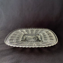 Load image into Gallery viewer, Vintage Clear Pressed Glass Square Plate Starburst Centre Perspective Grid Pattern Beaded Stripes Glassware Tableware Trinket Catchall Serving Home Decor Boho Bohemian Shabby Chic Cottage Farmhouse Mid-Century Modern Industrial Retro Flea Market Style Unique Sustainable Gift Antique Prop GTA Hamilton Toronto Canada shop store community seller reseller vendor Art Deco
