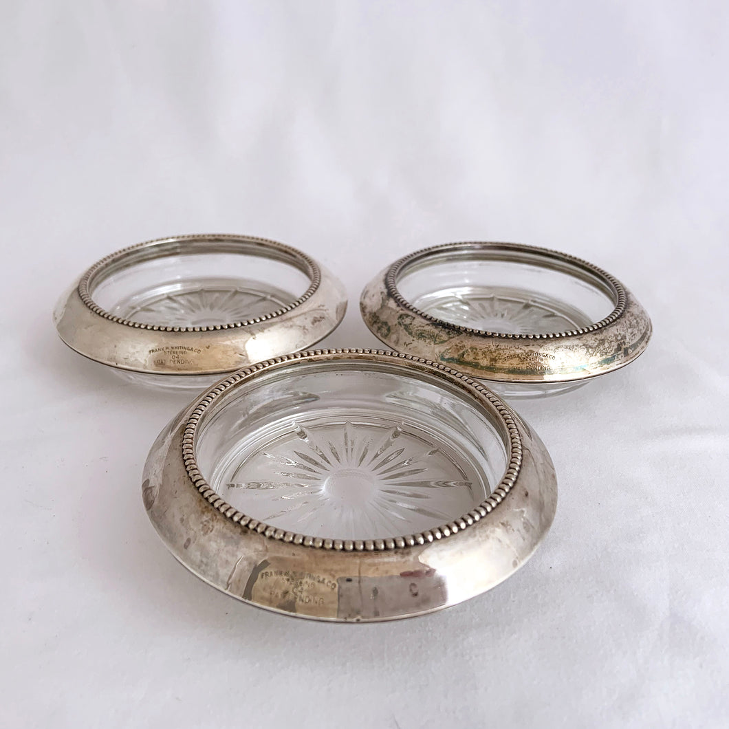 Vintage Set Four 4 Crystal Cut Glass Silver Plate Sunburst 