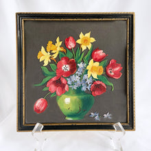 Load image into Gallery viewer, Vintage Framed Still Life Floral Painting of Red Tulips and Yellow Daffodils on Glass, Signed IRI
