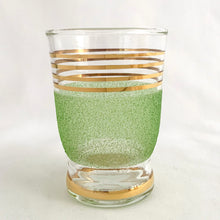 Load image into Gallery viewer, Vintage Mid-Century Clear Shot Glasses w/ Sugar Frosted Rainbow Texture and Gold Bands
