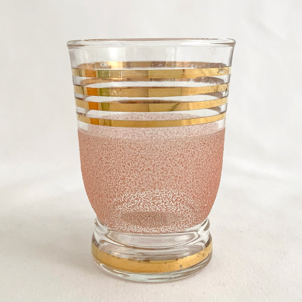 Vintage Mid-Century Clear Shot Glasses w/ Sugar Frosted Rainbow Texture and Gold Bands