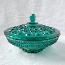 Load image into Gallery viewer, Vintage Teal Carnival Glass &quot;Windsor&quot; Candy Box and Lid Iridescent Indiana Glass Co. Candy Nuts Catchall Vanity Dresser Cotton Balls Bath Bomb Glassware Tableware Home Decor Shabby Chic Flea Market Style Housewares Serving Entertain Bowl Trinket Freelton Hamilton Antique Mall Community Shop Store Toronto Canada Seller Reseller Unique Gift
