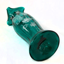 Load image into Gallery viewer, Victorian style vintage hand blown teal glass vase with hand painted white enameled flowers, finished with a ruffled edge.  In excellent condition, free from chips/cracks. Rough pontil mark.  Measures 2-7/8&quot; x 9-5/8&quot;
