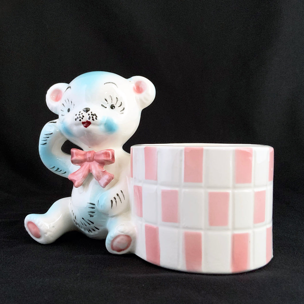 Vintage Seated Blue Teddy Bear w/ Pink White Ceramic Planter Shafford Ware Japan Houseplant Container Garden Succulent Plant Greenery Tableware Glassware Home Decor Boho Bohemian Shabby Chic Cottage Farmhouse Victorian Mid-Century Modern Industrial Retro Flea Market Style Unique Sustainable Gift Antique Prop GTA Eds Mercantile Hamilton Freelton Toronto Canada shop store community seller reseller vendor Collector Collection Collectible
