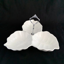 Load image into Gallery viewer, Lovely white glazed ceramic 3-part leaf dish handled tray. We are attributing this one to California Pottery. Unmarked.  In excellent condition, free from chips/cracks/repairs. Handle is removable and will be shipped unassembled.  Measures 10&quot; x 1-3/4&quot; (+ handle 6-1/2&quot; tall)
