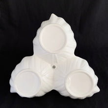 Load image into Gallery viewer, Lovely white glazed ceramic 3-part leaf dish handled tray. We are attributing this one to California Pottery. Unmarked.  In excellent condition, free from chips/cracks/repairs. Handle is removable and will be shipped unassembled.  Measures 10&quot; x 1-3/4&quot; (+ handle 6-1/2&quot; tall)
