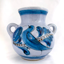Load image into Gallery viewer, Vintage Tonala Pottery two handled vase with a beautifully hand painted bluebird on one side and a butterfly and foliage on the reverse. Signed &quot;A Mexico&quot;.  In excellent condition, free from chips/cracks.  Measures 5 1/2 x 5 7/8 inches
