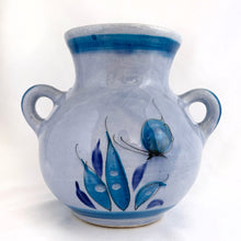 Load image into Gallery viewer, Vintage Tonala Pottery two handled vase with a beautifully hand painted bluebird on one side and a butterfly and foliage on the reverse. Signed &quot;A Mexico&quot;.  In excellent condition, free from chips/cracks.  Measures 5 1/2 x 5 7/8 inches
