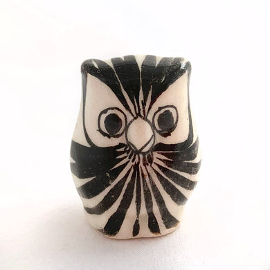 Beautiful Mexican Tonala miniature folk art pottery owl figurine. The hand painted owl is white with a nicely detailed face in black and brown with the reverse in yellow, blue and brown florals. Signed 