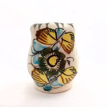Load image into Gallery viewer, Beautiful Mexican Tonala miniature folk art pottery owl figurine. The hand painted owl is white with a nicely detailed face in black and brown with the reverse in yellow, blue and brown florals. Signed &quot;MEX&quot;.  In excellent condition, no chips or cracks.  Measures approximately 1-1/4&quot; tall.
