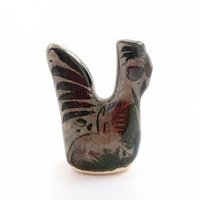 Load image into Gallery viewer, Beautiful Mexican Tonala miniature folk art pottery rooster bird figurine. This hand painted figurine is gray with a nicely detailed face in black and brown with the body in pink, black and green florals. Signed &quot;MEX&quot;.  In excellent condition, no chips or cracks.  Measures approximately 1-1/4&quot; x 3/4&quot; x 1-5/8&quot; tall
