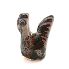 Load image into Gallery viewer, Beautiful Mexican Tonala miniature folk art pottery rooster bird figurine. This hand painted figurine is gray with a nicely detailed face in black and brown with the body in pink, black and green florals. Signed &quot;MEX&quot;.  In excellent condition, no chips or cracks.  Measures approximately 1-1/4&quot; x 3/4&quot; x 1-5/8&quot; tall
