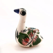 Load image into Gallery viewer, Beautiful Mexican Tonala miniature folk art pottery swan bird figurine. This hand painted figurine is white with a nicely detailed face in black and blue with the body in pink, blue, green and brown florals. Signed &quot;MEX&quot;.  In excellent condition, no chips or cracks.  Measures approximately 1&quot; x 1-3/8&quot; x 1-5/8&quot; tall
