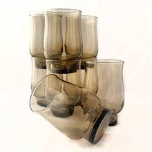 Load image into Gallery viewer, Vintage set of eight stackable &quot;Tulip Tawny (All Brown)&quot; flat juice glass tumblers. Produced by Libbey Glass Company, circa 1970s.  In excellent condition, no chips or cracks.  Measures 2-3/4&quot; x 4-1/4&quot;, holds 8oz
