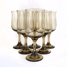 Load image into Gallery viewer, Set of six vintage &quot;Tulip Tawny&quot; connoisseur sized wine glasses. Produced by the Libbey Glass Company, circa 1980s. These elegantly shaped vessels are sure to add elegance to any tablescape or bar cart. Cheers!  Measures 2 7/8 x 7-1/4 inches  Capacity 12 ounces
