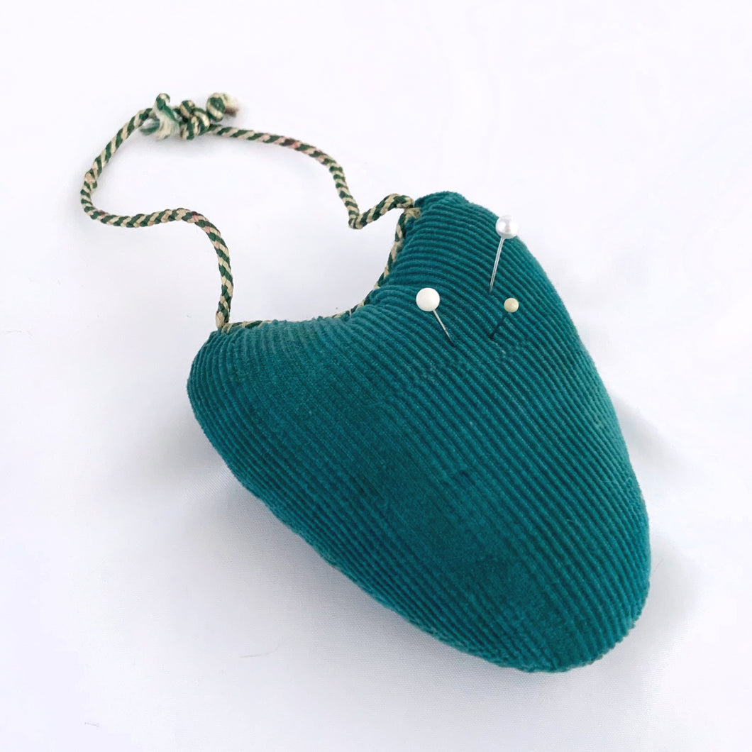 Vintage Handmade Turquoise Heart-Shaped Corduroy Pin Cushion w/ Hanger