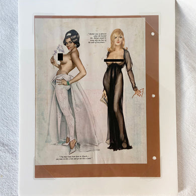This super sexy pin-up image of a black and a white woman dressed in lingerie with exposed breasts was created by Alberto Vargas. This print was taken from a collector's scrapbook so the print is glued to a construction paper-like backing.
