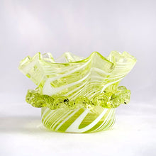 Load image into Gallery viewer, Vintage Vaseline Art Glass Bowl w/ White Swirls, Crimped Edge, Ribbon Detail
