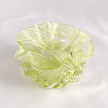 Load image into Gallery viewer, Vintage Vaseline Art Glass Bowl w/ White Swirls, Crimped Edge, Ribbon Detail
