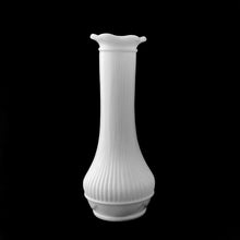 Load image into Gallery viewer, A very popular piece, this vintage vertically ribbed and scalloped patterned milk glass bud vase. Any flower arrangement will look beautiful in this simple, yet elegant vase. Add charming vintage style to your home, cottage, farmhouse or wedding decor.  In excellent condition, no chips or cracks.  Measures 2 1/2 x 6 inches
