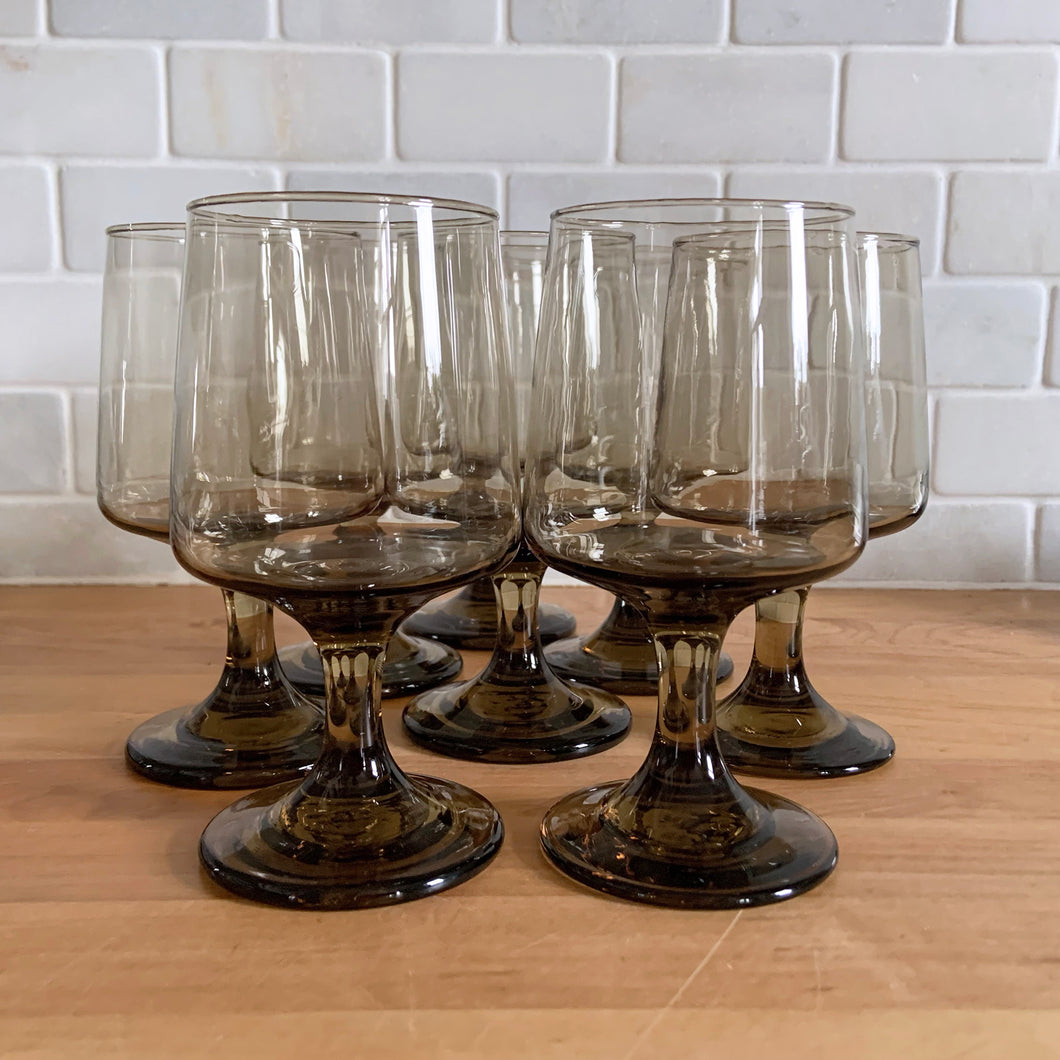 Vintage set of six (6) smokey mocha brown wine glasses in the 