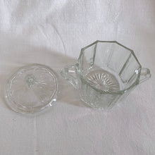 Load image into Gallery viewer, Jacks Daughter of All Trades Vintage Antique Mid-Century Kitsch Store Shop Reseller Etsy Shopify Toronto Canada Free Porch Pick Up Local Delivery Worldwide Shipping Judy Weinberg Unique Housewarming Gift Sustainable Gift Wedding Gift Home Decor Collectible Collector Gift Farmhouse Cottagecore Cottage Lodge Shabby Chic Industrial Art Deco pressed glass 10-panel lidded handled sugar bowl cotton balls candies bowl paperclip holder

