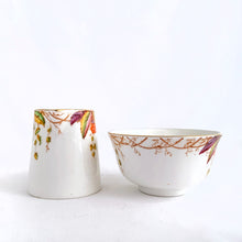 Load image into Gallery viewer, RARE antique/vintage art deco style bone china creamer pitcher and open sugar bowl in the &quot;Virginia&quot; pattern depicting a colourful Virginia Creeper vine in shades of green, pink, purple, orange and yellow with gold trim. Produced by Royal Albert, England, circa 1927 - 1935 according to the maker&#39;s mark.   In excellent condition, no chips or cracks.  Creamer measures 4&quot; x 3-1/2&quot;  Sugar measures 3-7/8&quot; x 2-1/4&quot;
