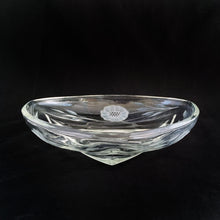 Load image into Gallery viewer, Awesome atomic shaped vintage &quot;Corn Flower&quot; glass dish cut by WJ Hughes on a Viking Glass blank. Circa 1970.  In good vintage condition, free from chips/cracks with minor wear to the foot bottom.  Measures 6 7/8 x 1 3/8 inches
