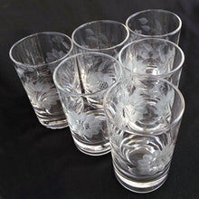 Load image into Gallery viewer, One can&#39;t get more Canadian than elegant &quot;Corn Flower&quot; glass! This classic vintage mid-century set of six, 5 ounce flat juice glass tumblers, are cut with 12-petaled corn flowers and leaf sprays. Produced by WJ Hughes, Canada, between 1930s - 1970s. Classic Canadian craftsmanship....oooh, the triple &#39;C&#39;!  In excellent condition, no chips or cracks.  Measures 2 1/4 x 3 1/2 inches  Capacity 5 ounces
