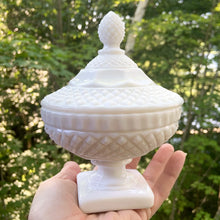 Load image into Gallery viewer, This pretty vintage lidded bon bon candy dish (#300) in the &quot;Waterford&quot;  which is a cross between a diamond point and a quilted square. It has a square base with starburst bottom. The lid is highly detailed with thumbprint panels and finial. Produced by Westmoreland Glass, circa 1960/70.  In excellent condition, free from chips/cracks/repairs. Minor flea nick on interior rim of lid, not visible to the outside.  Dimensions: 6-3/8&quot; x 6&quot;

