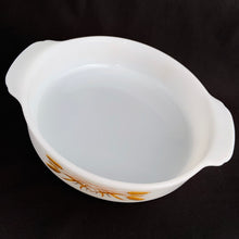 Load image into Gallery viewer, Vintage Fire-King eight inch (8 inch) round cake pan with handles, shape #450 in the &quot;Wheat&quot; pattern. Produced by Anchor Hocking between 1962 - 1966.  In excellent condition, free from chips/cracks.  Measures 10 x 2 inches
