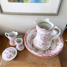 Load image into Gallery viewer, Excited to bring this stunning antique white ironstone &quot;TOGO&quot; floral patterned  red transferware set. Includes large basin/bowl, large and small pitcher, 3-piece soap dish and toothbrush holder. Produced by Colonial Pottery in Stoke-on-Trent, England, between 1890-1925 based on the makers mark.  The set is in excellent condition, free from chips/cracks. Normal crazing present.  Approximate sizes:  Large pitcher 14&quot; Bowl 16&quot; Small pitcher 6&quot; Toothbrush holder 5&quot; Soap dish 4&quot;
