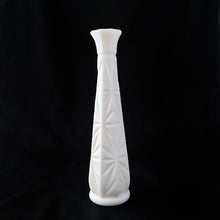 Load image into Gallery viewer, A lovely vintage white six panel milk glass floral bud vase with an impressed star pattern. Produced by the Hoosier Glass Company, circa 1960/70.  In excellent condition, free from chips/cracks.  Measures 2-1/4&quot; x 9&quot;

