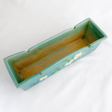 Load image into Gallery viewer, Stunning vintage turquoise blue &quot;White Rose&quot; rectangular window box planter, shape 382-9. Produced by Roseville Pottery USA, circa 1940.  In good vintage condition, chips to one corner, crazing present, otherwise lovely condition.  Measures 9&quot;
