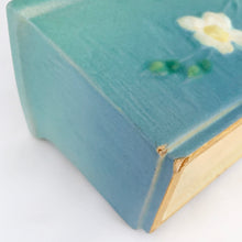 Load image into Gallery viewer, Stunning vintage turquoise blue &quot;White Rose&quot; rectangular window box planter, shape 382-9. Produced by Roseville Pottery USA, circa 1940.  In good vintage condition, chips to one corner, crazing present, otherwise lovely condition.  Measures 9&quot;
