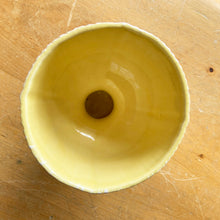 Load image into Gallery viewer, Fabulous vintage mid-century pottery pedestal planter with ribbed texture and white splatter glaze with yellow interior. Marked USA. Circa 1950s. Fill with your favourite greenery or succulents. Or repurpose as a catchall or candy bowl.  In excellent condition, free from chips/cracks/repairs.  Measures 5 1/4 x 6 1/2 inches
