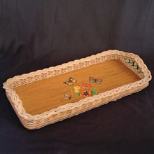 Load image into Gallery viewer, Vintage Rectangular Braided Wicker Wood Tray with Floral Butterfly Decal and Beaded Handles Tableware Glassware Home Decor Boho Bohemian Shabby Chic Cottage Farmhouse Victorian Mid-Century Modern Industrial Retro Flea Market Style Unique Sustainable Gift Antique Prop GTA Eds Mercantile Hamilton Freelton Toronto Canada shop store community seller reseller vendor Floral Flower
