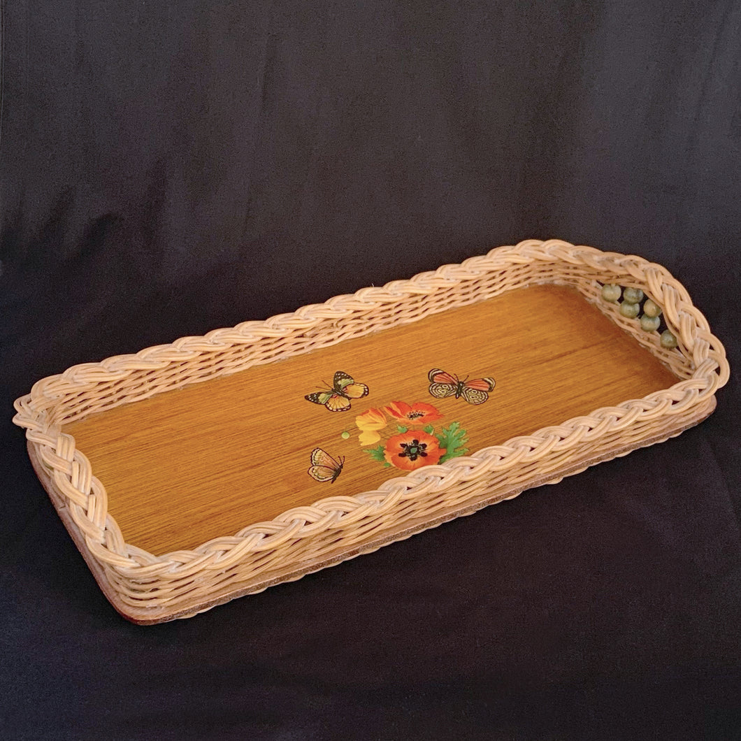 Vintage Rectangular Braided Wicker Wood Tray with Floral Butterfly Decal and Beaded Handles Tableware Glassware Home Decor Boho Bohemian Shabby Chic Cottage Farmhouse Victorian Mid-Century Modern Industrial Retro Flea Market Style Unique Sustainable Gift Antique Prop GTA Eds Mercantile Hamilton Freelton Toronto Canada shop store community seller reseller vendor Floral Flower