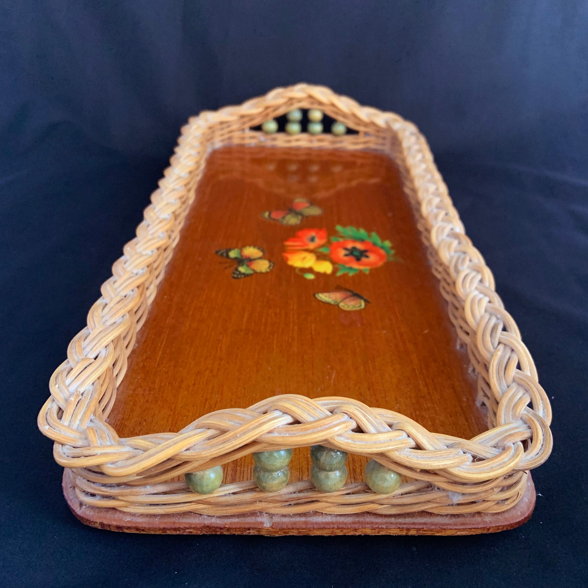 Vintage Rectangular Braided Wicker Wood Tray with Floral Butterfly 