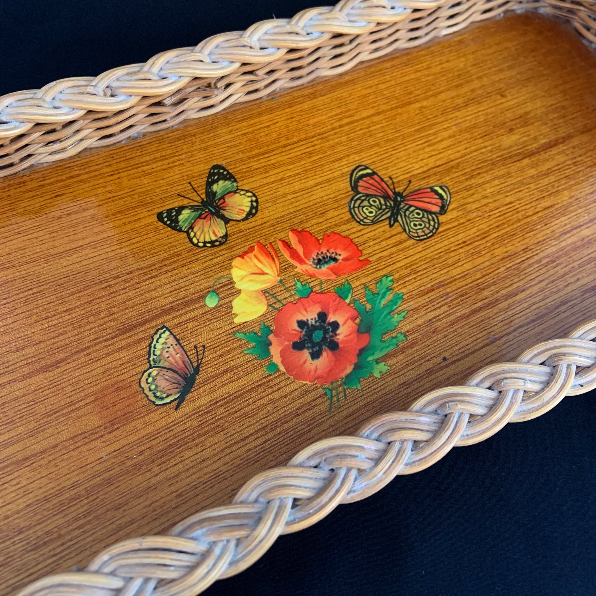 Vintage Rectangular Braided Wicker Wood Tray with Floral Butterfly 