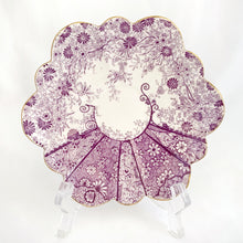 Load image into Gallery viewer, beautiful rare antique daisy-shaped bone china, tea cup, saucer, salad plate trio in complex purple floral &quot;Jungle Print&quot;. Open sugar bowl see photo. Produced by JF Wileman, the precursor to Foley and Shelley in England, circa 1889.  In good condition for age. All  pieces free from chips/crazing with some loss of the gold trim. Cup has small hairline near the handle. Bowl has been repaired. Backstamp present. Registration mark 117220  with 6170 in gold denoting the pattern name and cup has additional 115510
