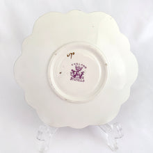 Load image into Gallery viewer, beautiful rare antique daisy-shaped bone china, tea cup, saucer, salad plate trio in complex purple floral &quot;Jungle Print&quot;. Open sugar bowl see photo. Produced by JF Wileman, the precursor to Foley and Shelley in England, circa 1889.  In good condition for age. All  pieces free from chips/crazing with some loss of the gold trim. Cup has small hairline near the handle. Bowl has been repaired. Backstamp present. Registration mark 117220  with 6170 in gold denoting the pattern name and cup has additional 115510
