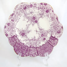 Load image into Gallery viewer, beautiful rare antique daisy-shaped bone china, tea cup, saucer, salad plate trio in complex purple floral &quot;Jungle Print&quot;. Open sugar bowl see photo. Produced by JF Wileman, the precursor to Foley and Shelley in England, circa 1889.  In good condition for age. All  pieces free from chips/crazing with some loss of the gold trim. Cup has small hairline near the handle. Bowl has been repaired. Backstamp present. Registration mark 117220  with 6170 in gold denoting the pattern name and cup has additional 115510
