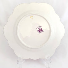 Load image into Gallery viewer, beautiful rare antique daisy-shaped bone china, tea cup, saucer, salad plate trio in complex purple floral &quot;Jungle Print&quot;. Open sugar bowl see photo. Produced by JF Wileman, the precursor to Foley and Shelley in England, circa 1889.  In good condition for age. All  pieces free from chips/crazing with some loss of the gold trim. Cup has small hairline near the handle. Bowl has been repaired. Backstamp present. Registration mark 117220  with 6170 in gold denoting the pattern name and cup has additional 115510
